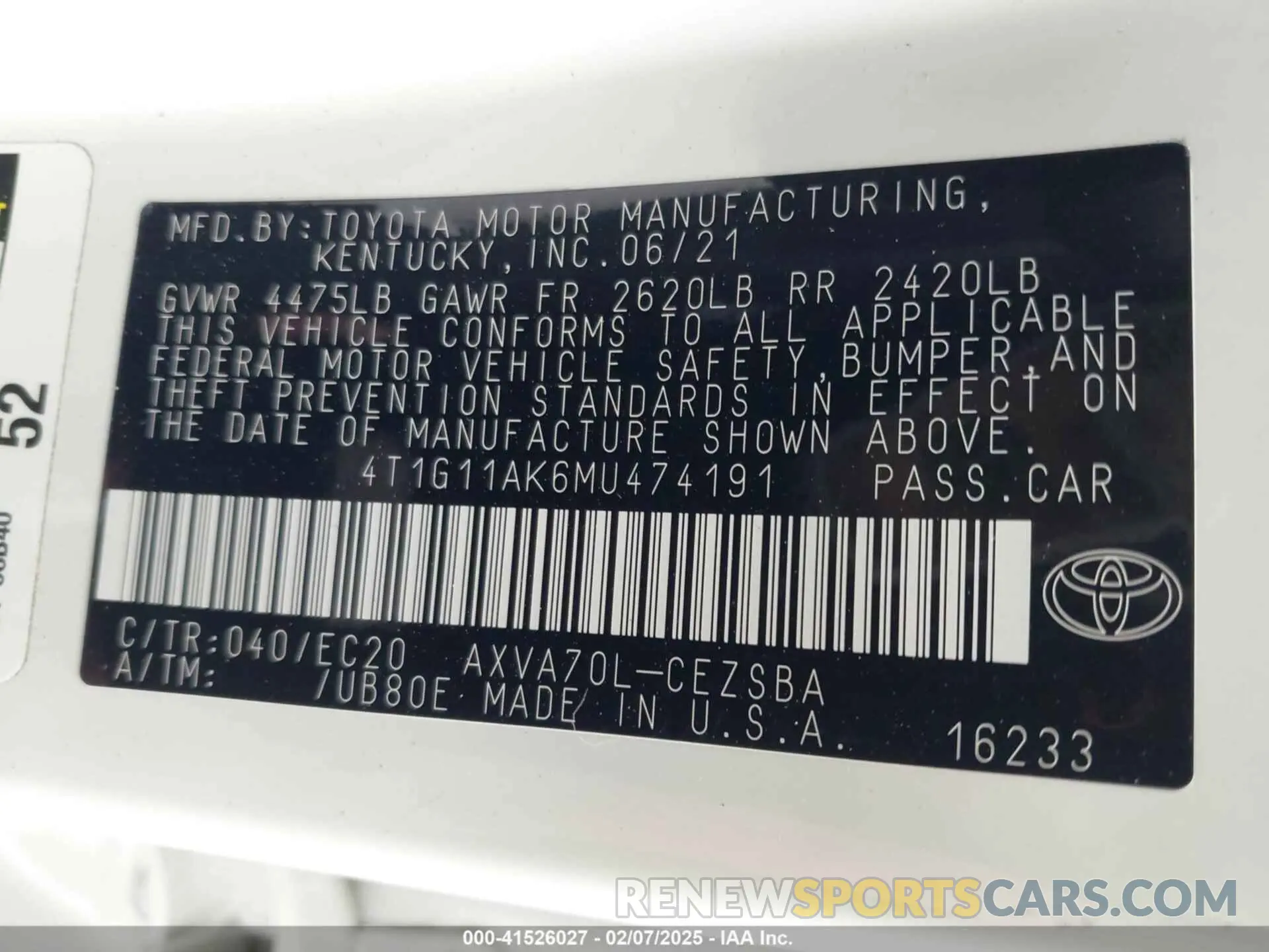 9 Photograph of a damaged car 4T1G11AK6MU474191 TOYOTA CAMRY 2021