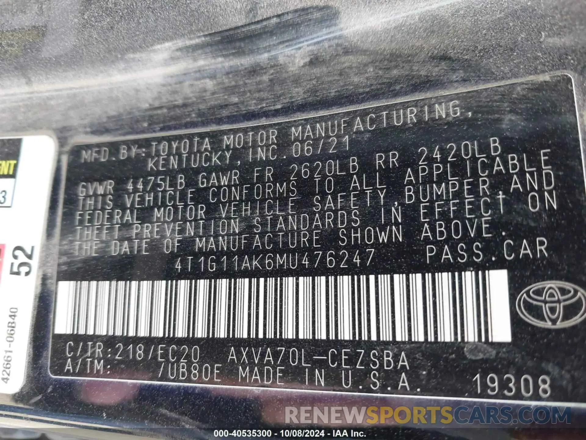 9 Photograph of a damaged car 4T1G11AK6MU476247 TOYOTA CAMRY 2021