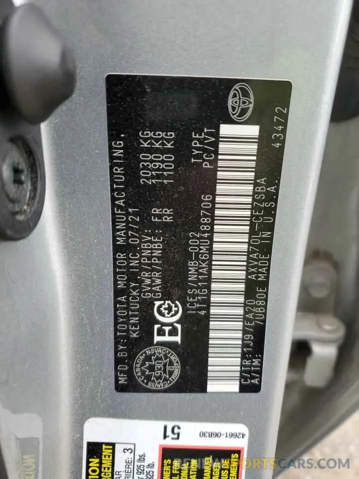 12 Photograph of a damaged car 4T1G11AK6MU488706 TOYOTA CAMRY 2021