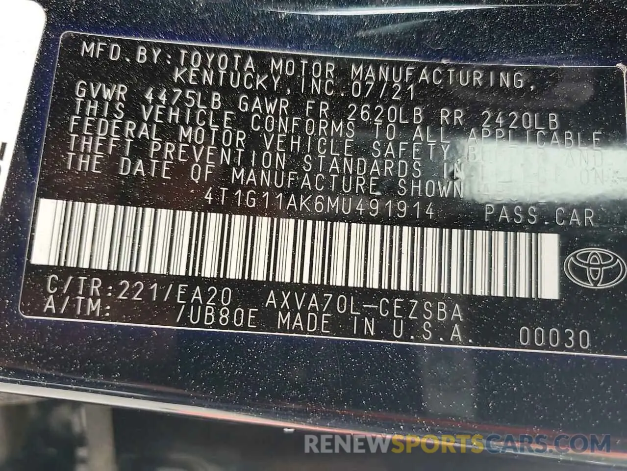 12 Photograph of a damaged car 4T1G11AK6MU491914 TOYOTA CAMRY 2021