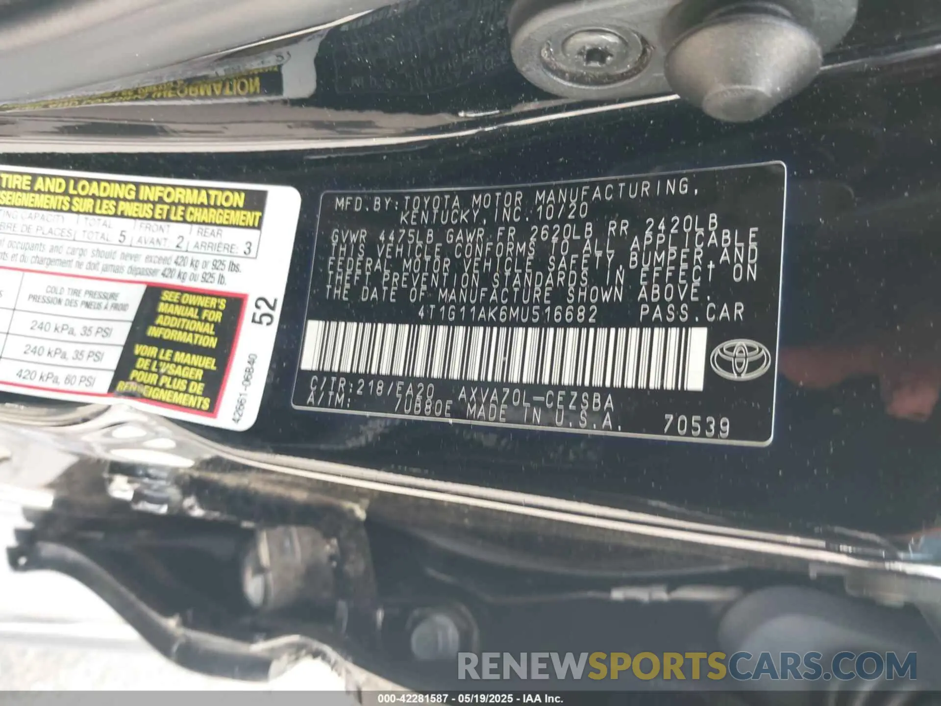 9 Photograph of a damaged car 4T1G11AK6MU516682 TOYOTA CAMRY 2021