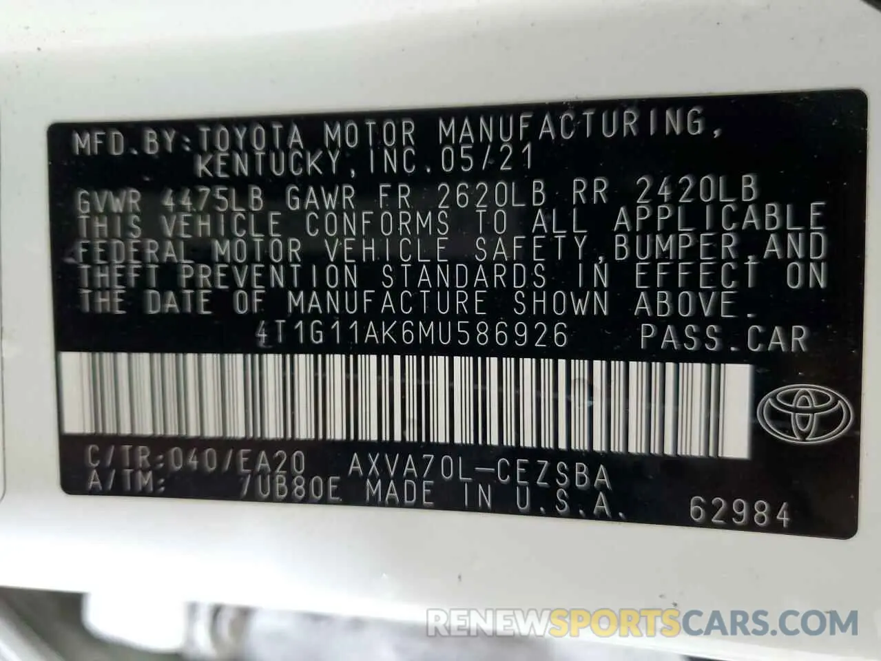12 Photograph of a damaged car 4T1G11AK6MU586926 TOYOTA CAMRY 2021