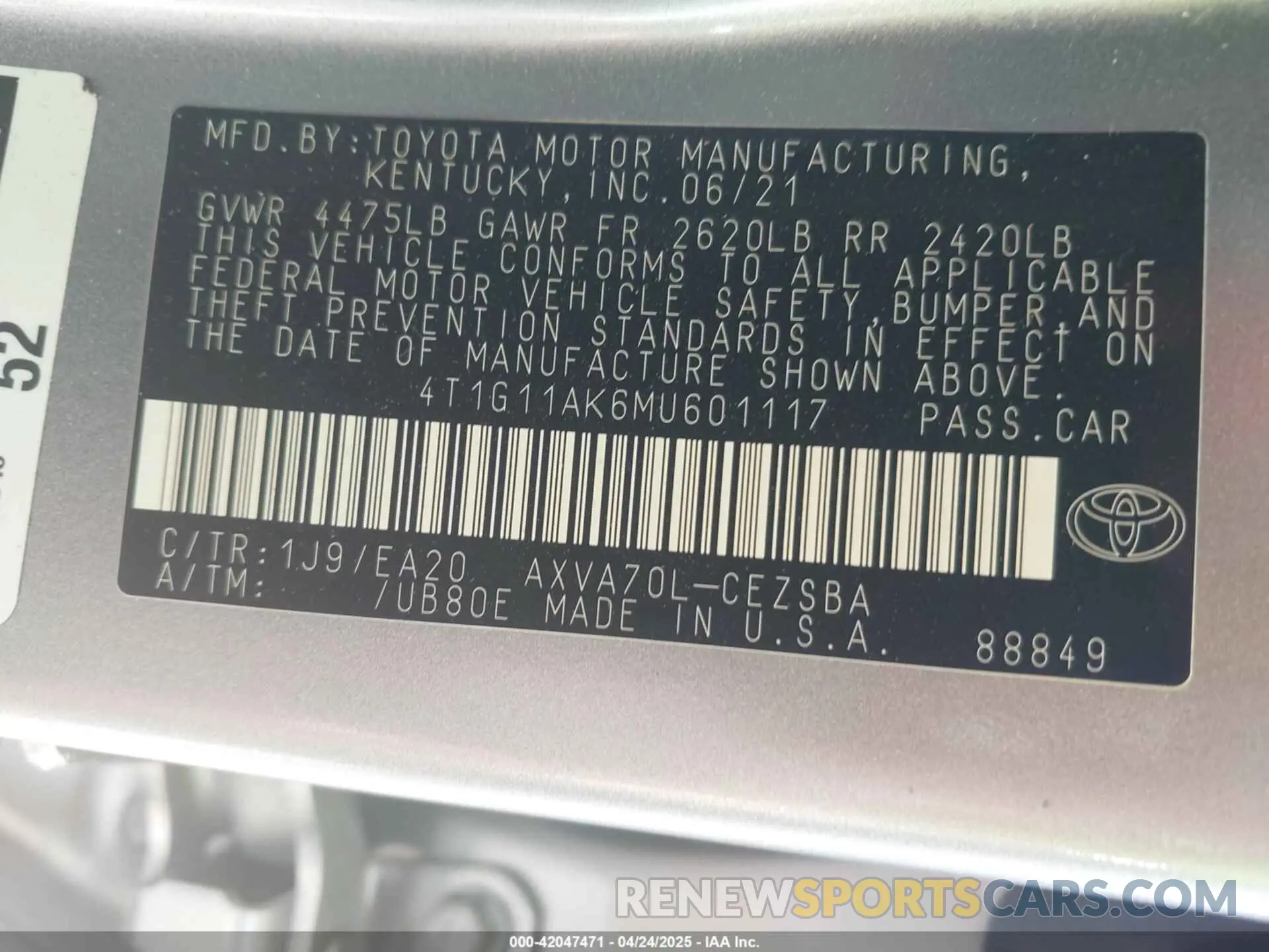 9 Photograph of a damaged car 4T1G11AK6MU601117 TOYOTA CAMRY 2021