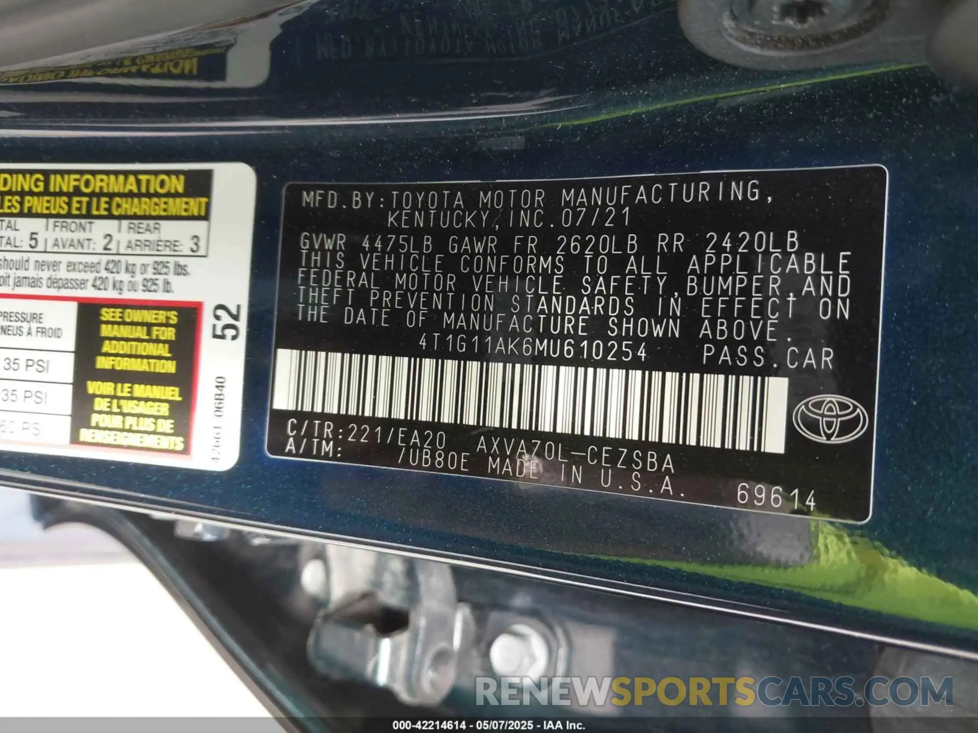 9 Photograph of a damaged car 4T1G11AK6MU610254 TOYOTA CAMRY 2021