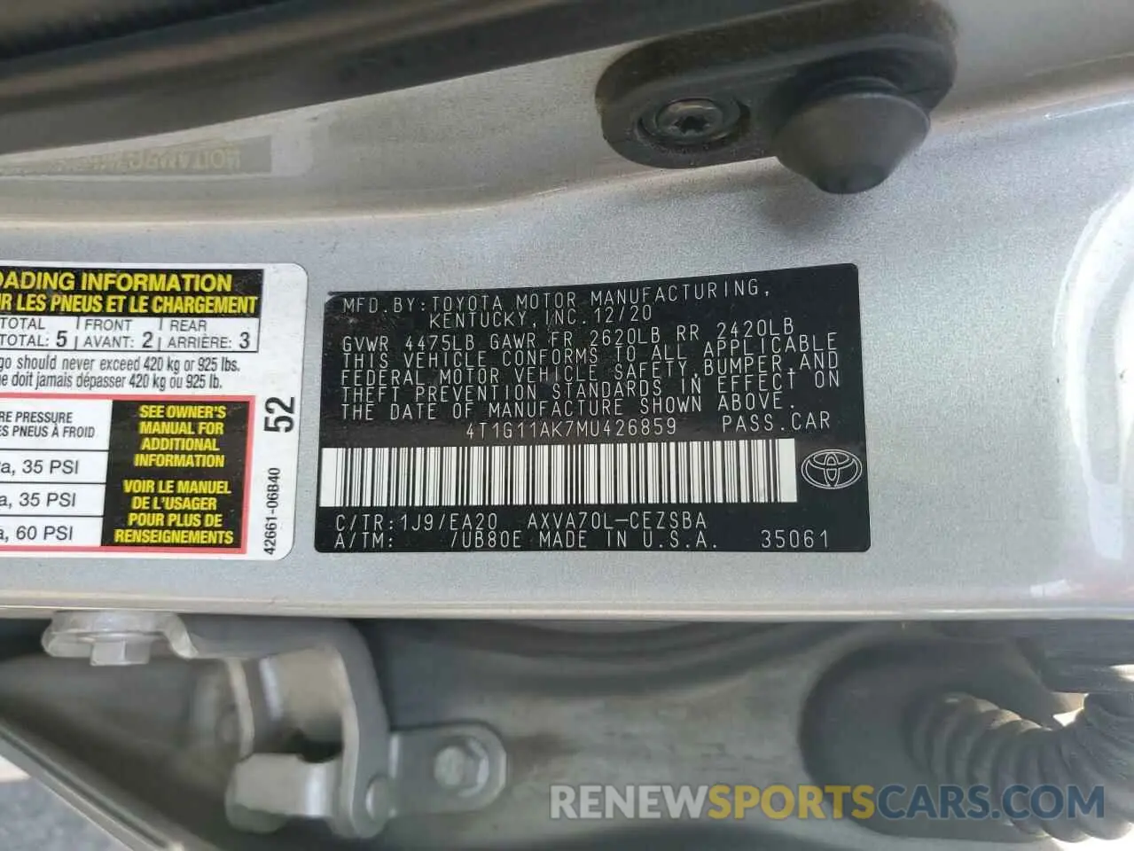 12 Photograph of a damaged car 4T1G11AK7MU426859 TOYOTA CAMRY 2021