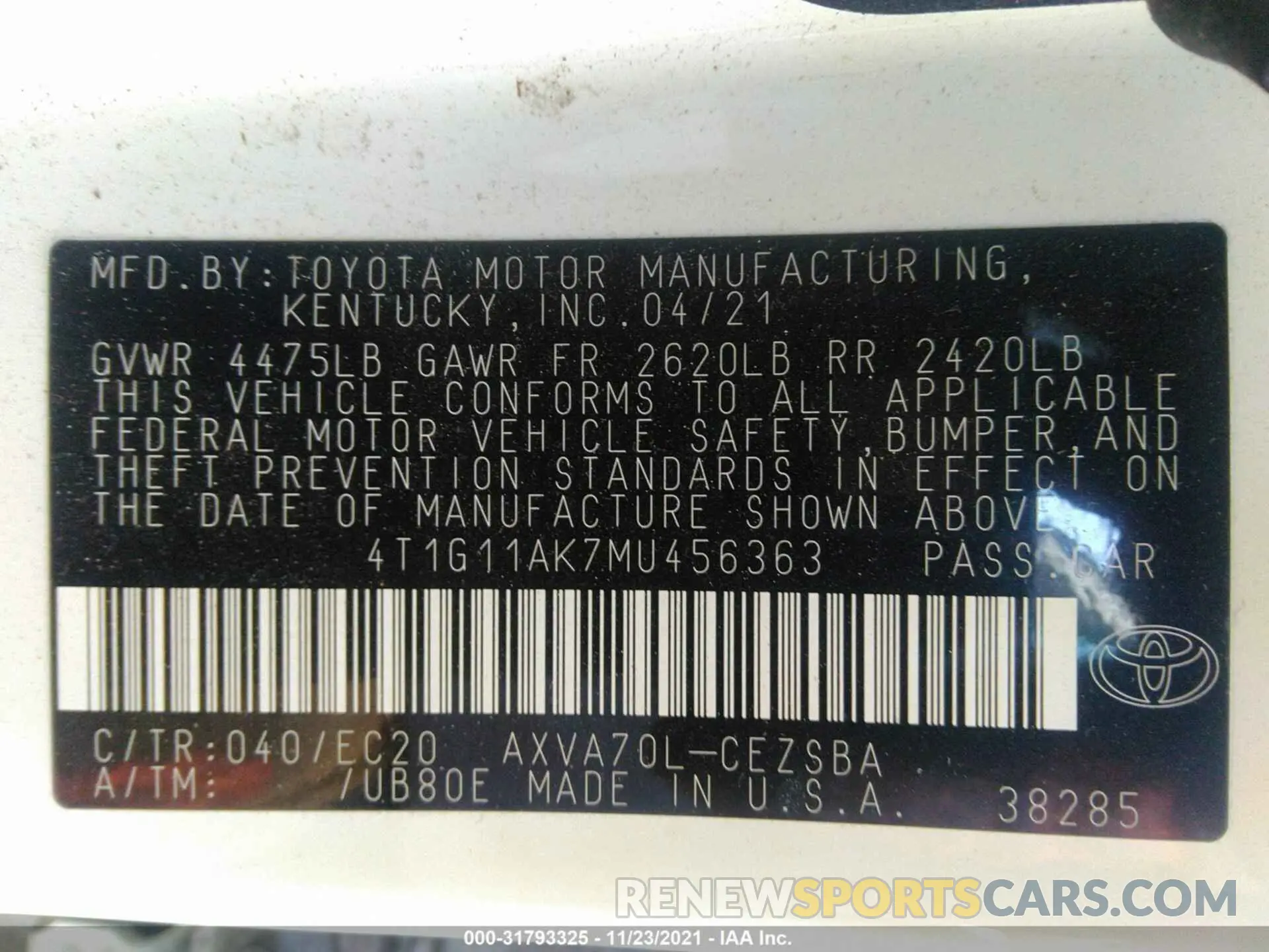 9 Photograph of a damaged car 4T1G11AK7MU456363 TOYOTA CAMRY 2021