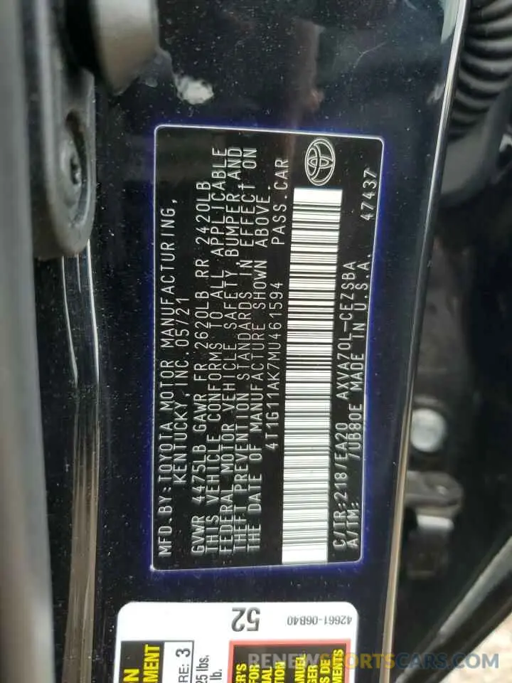 12 Photograph of a damaged car 4T1G11AK7MU461594 TOYOTA CAMRY 2021