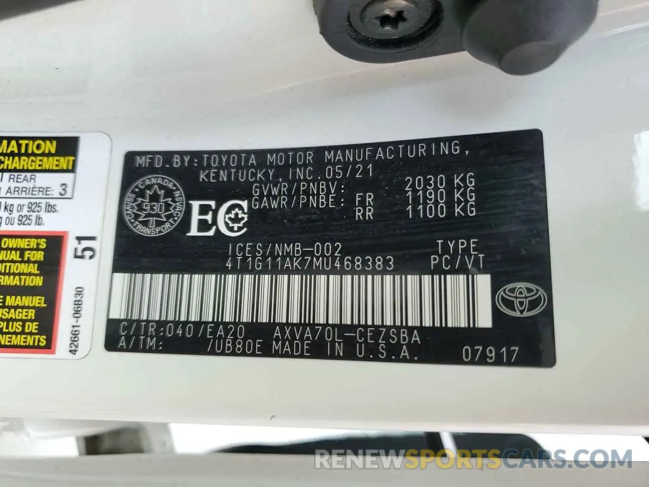 13 Photograph of a damaged car 4T1G11AK7MU468383 TOYOTA CAMRY 2021