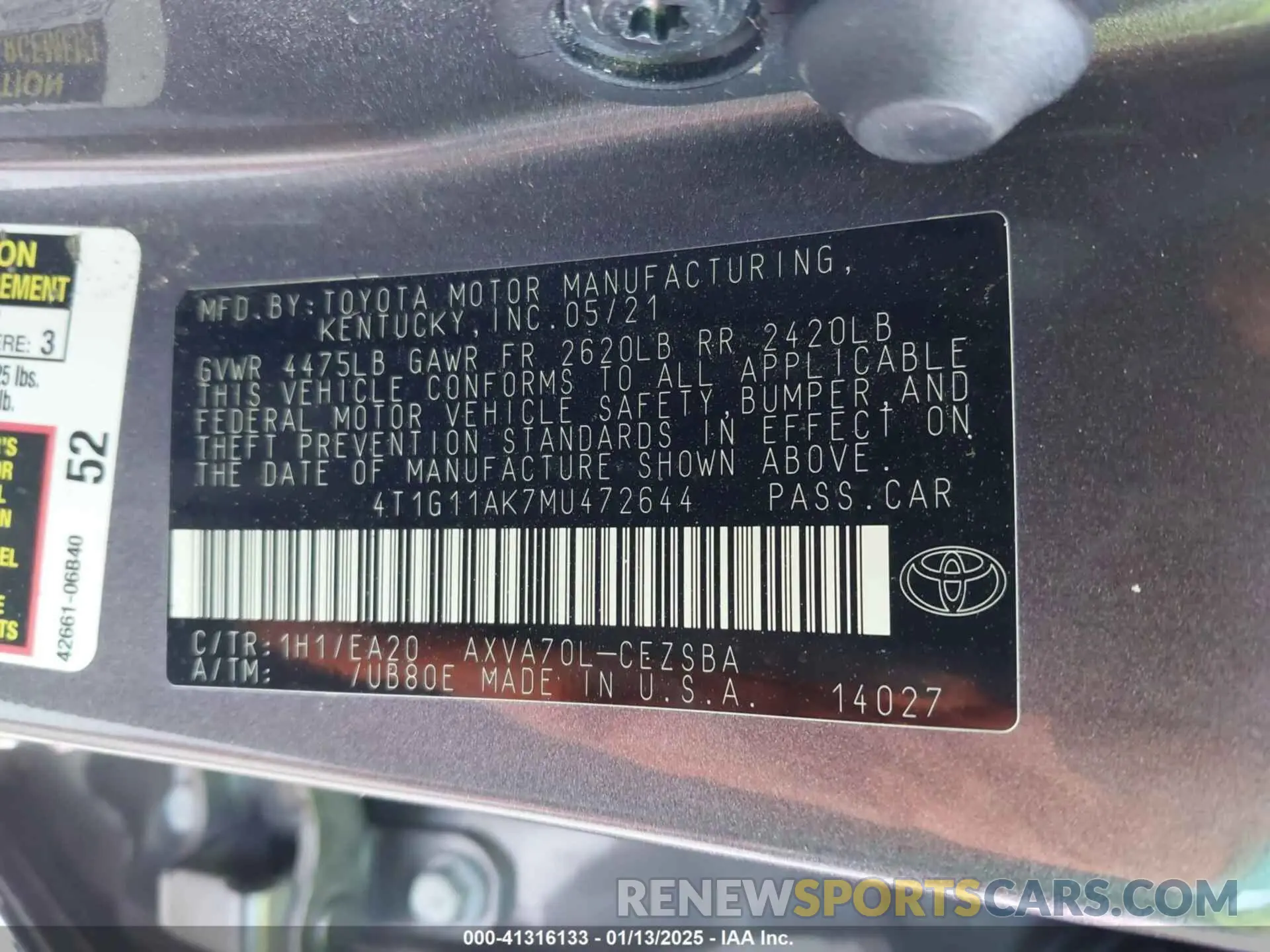 9 Photograph of a damaged car 4T1G11AK7MU472644 TOYOTA CAMRY 2021