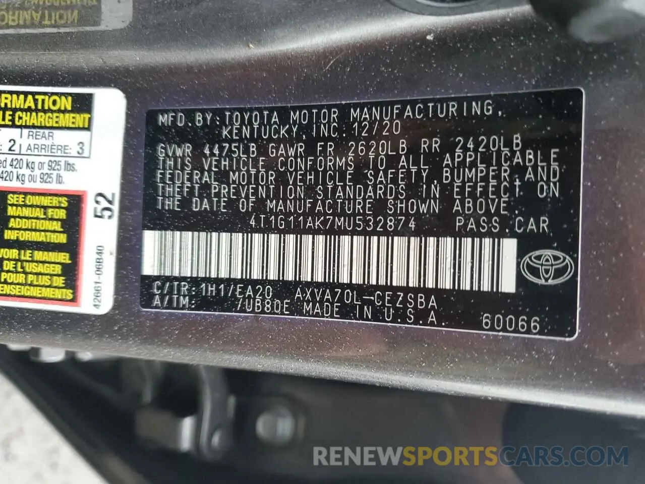 13 Photograph of a damaged car 4T1G11AK7MU532874 TOYOTA CAMRY 2021