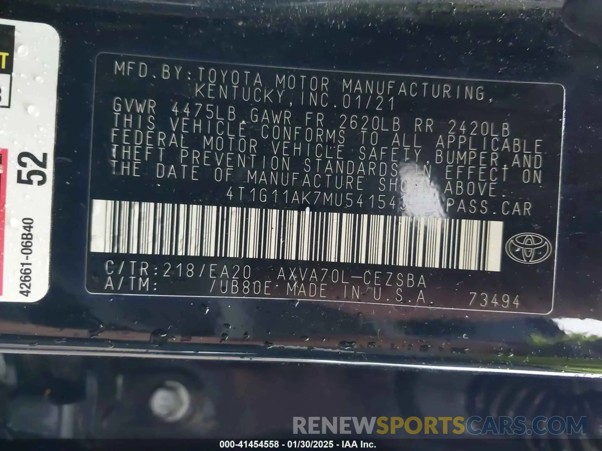 9 Photograph of a damaged car 4T1G11AK7MU541543 TOYOTA CAMRY 2021