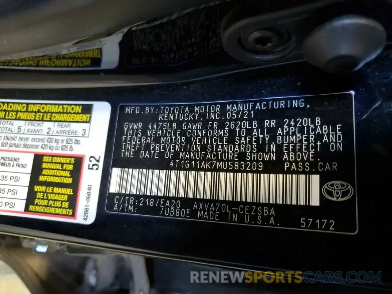 12 Photograph of a damaged car 4T1G11AK7MU583209 TOYOTA CAMRY 2021