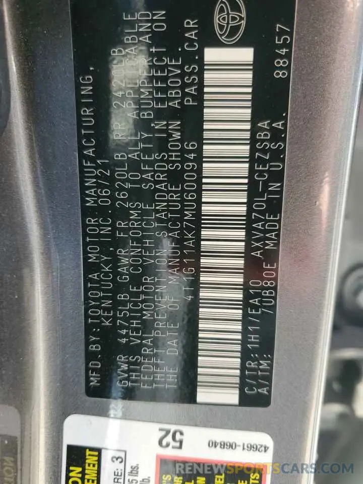 13 Photograph of a damaged car 4T1G11AK7MU600946 TOYOTA CAMRY 2021