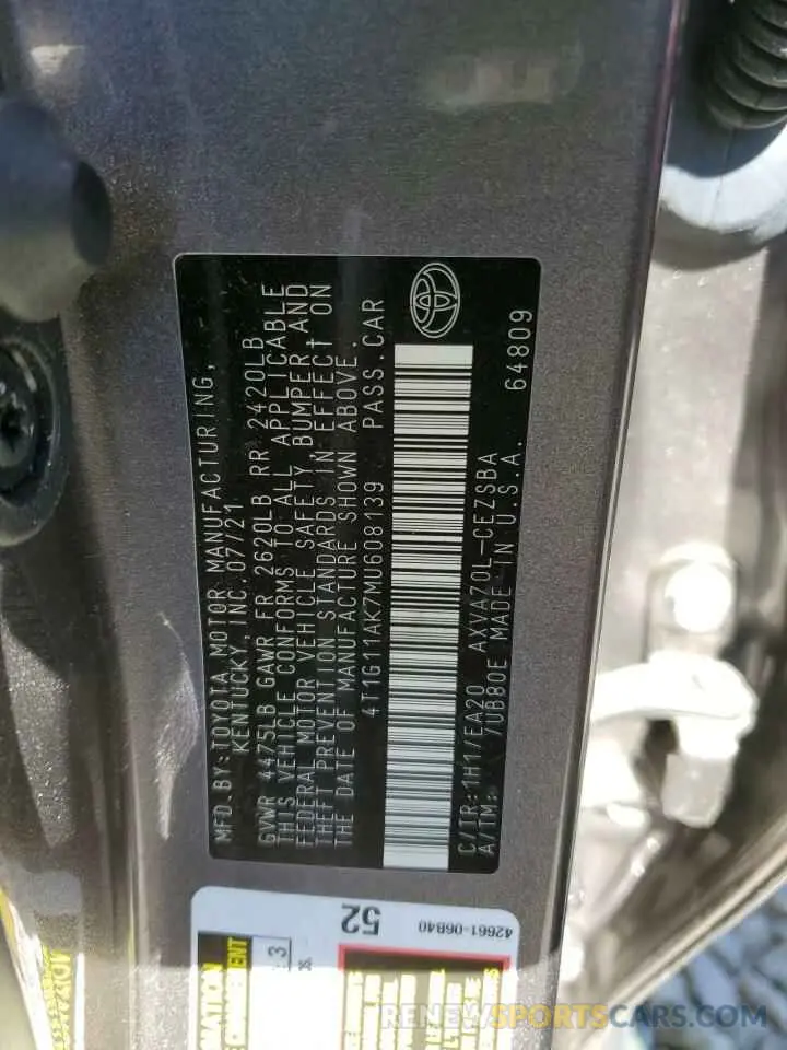12 Photograph of a damaged car 4T1G11AK7MU608139 TOYOTA CAMRY 2021