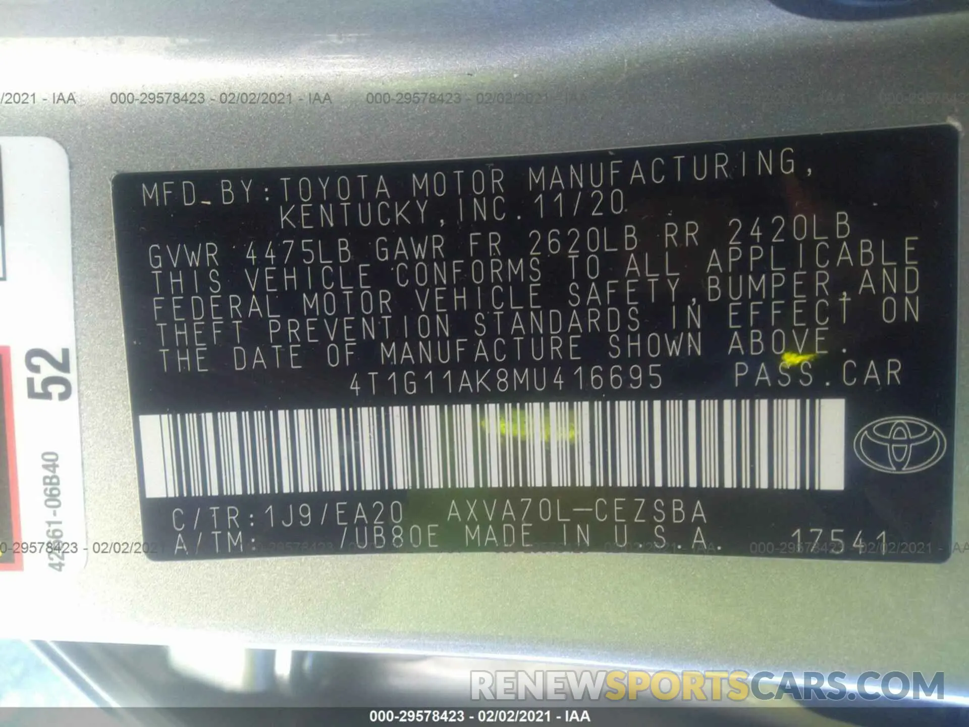 9 Photograph of a damaged car 4T1G11AK8MU416695 TOYOTA CAMRY 2021
