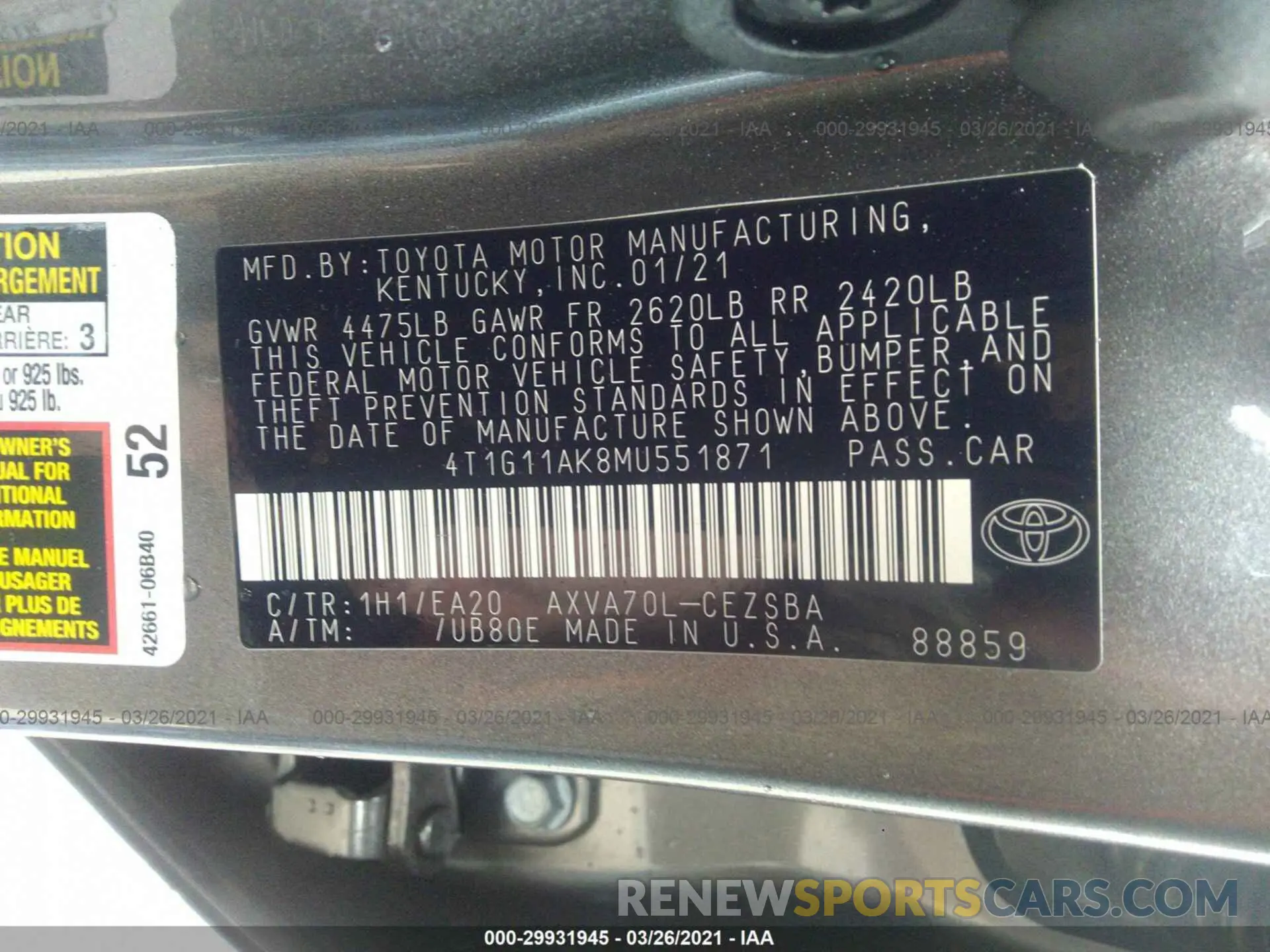 9 Photograph of a damaged car 4T1G11AK8MU551871 TOYOTA CAMRY 2021