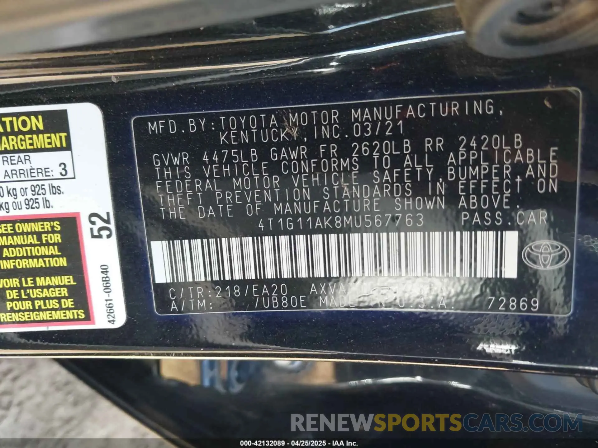 9 Photograph of a damaged car 4T1G11AK8MU567763 TOYOTA CAMRY 2021
