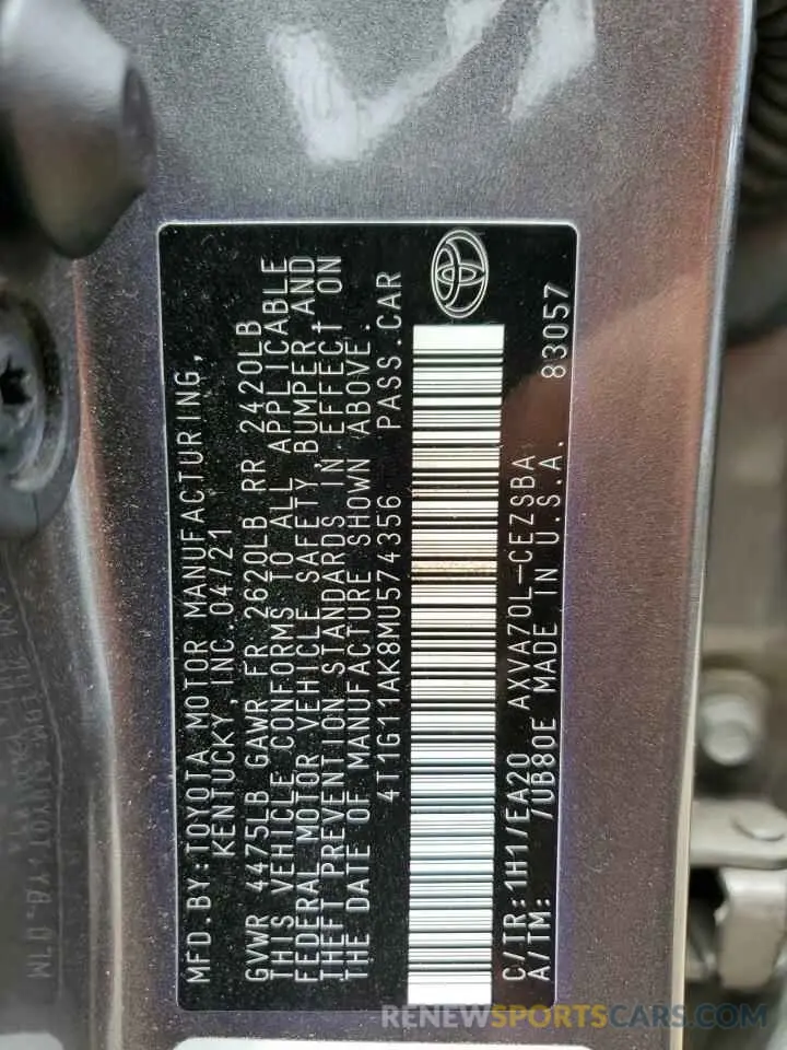 12 Photograph of a damaged car 4T1G11AK8MU574356 TOYOTA CAMRY 2021