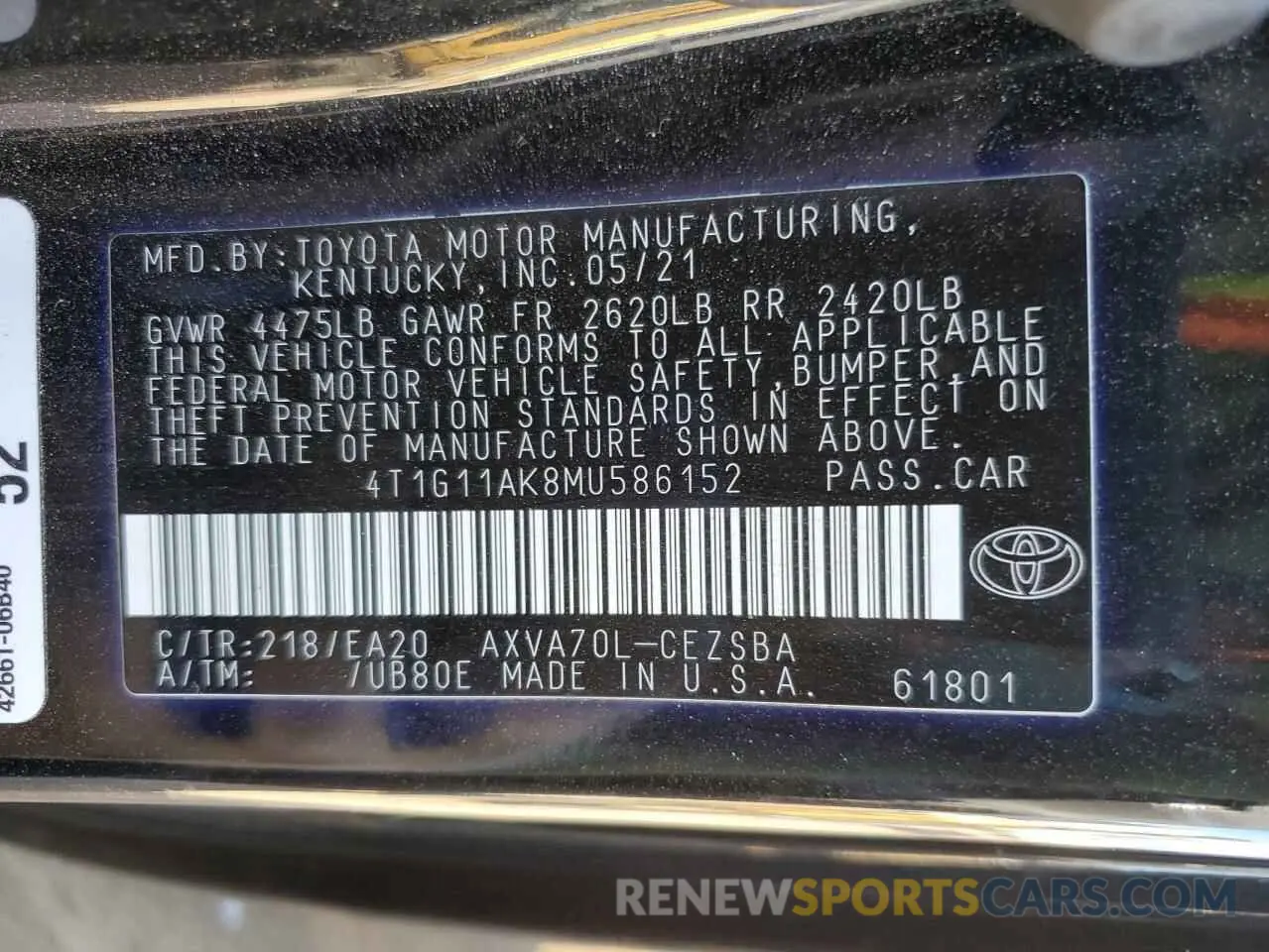 12 Photograph of a damaged car 4T1G11AK8MU586152 TOYOTA CAMRY 2021