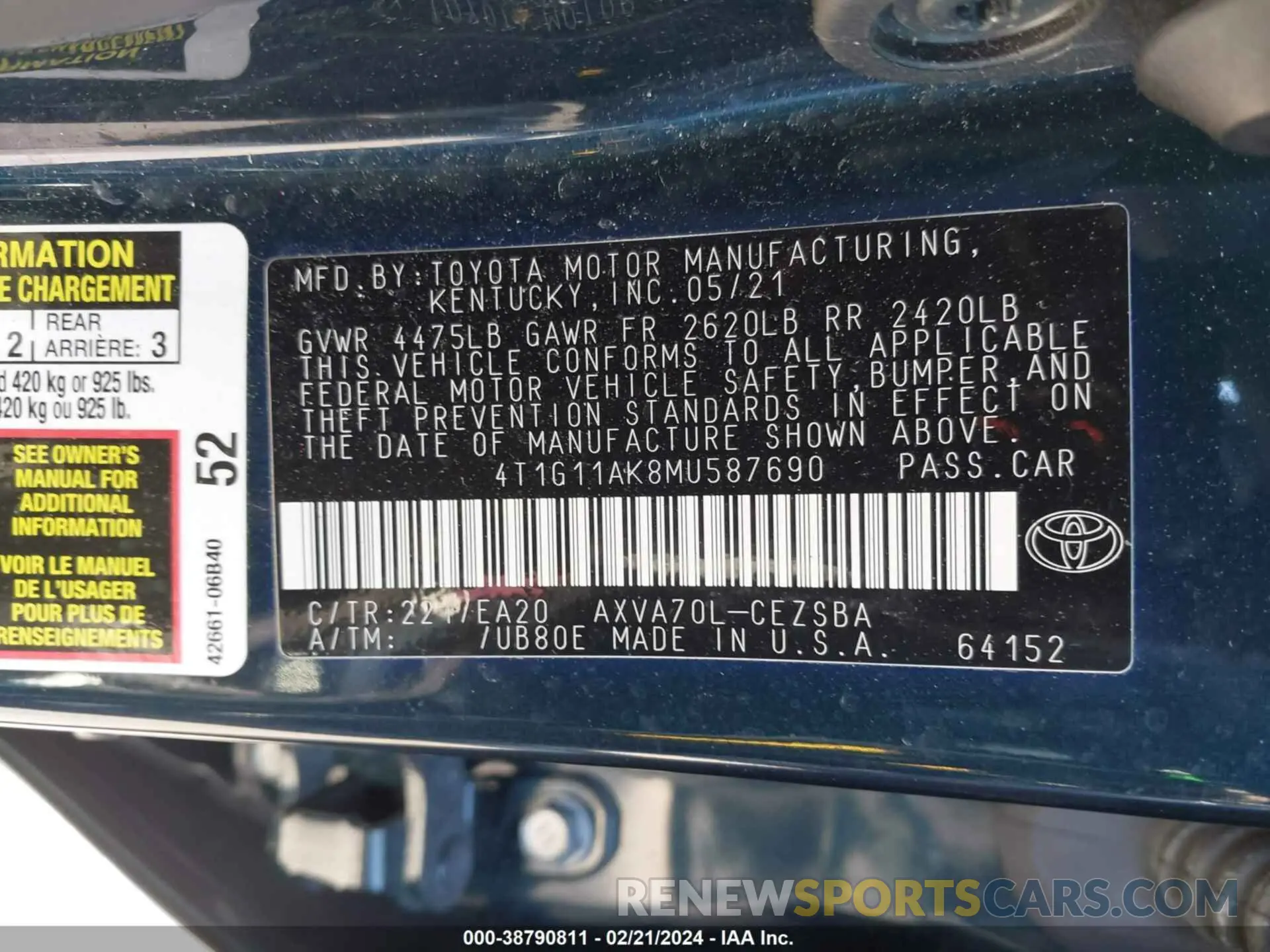 9 Photograph of a damaged car 4T1G11AK8MU587690 TOYOTA CAMRY 2021