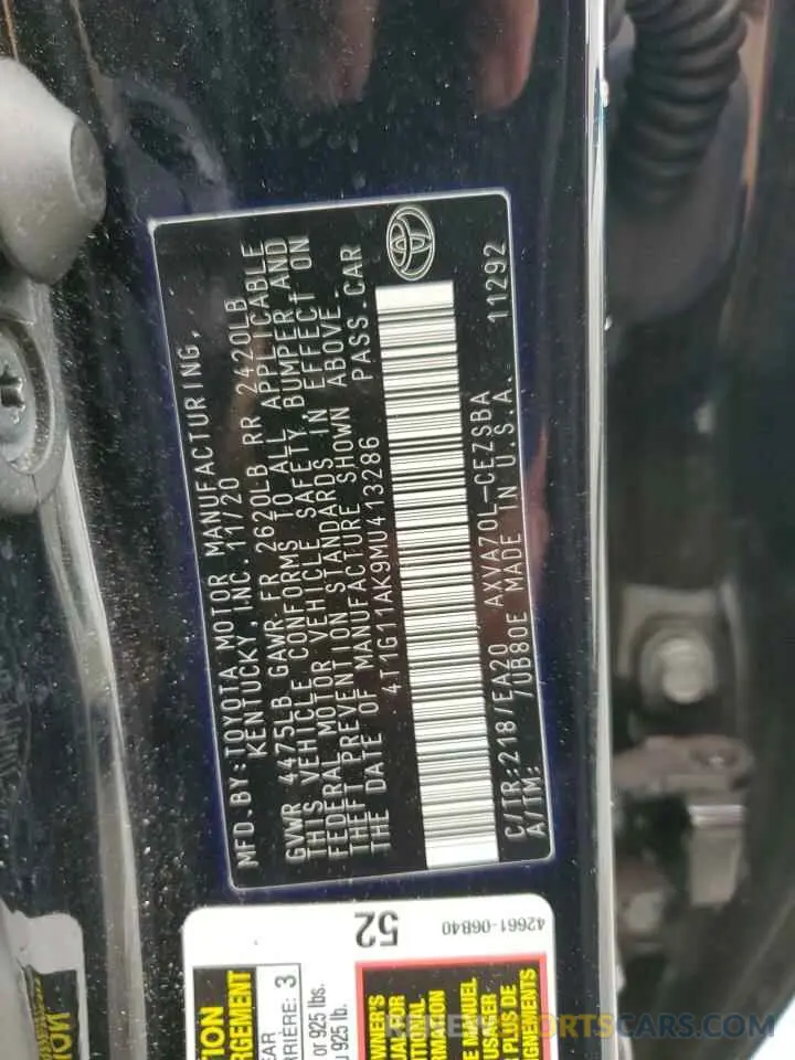 12 Photograph of a damaged car 4T1G11AK9MU413286 TOYOTA CAMRY 2021