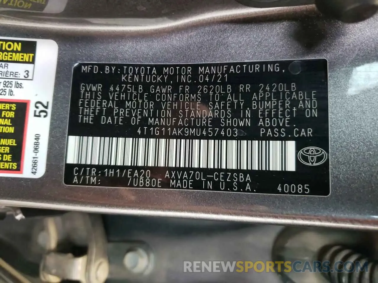 12 Photograph of a damaged car 4T1G11AK9MU457403 TOYOTA CAMRY 2021