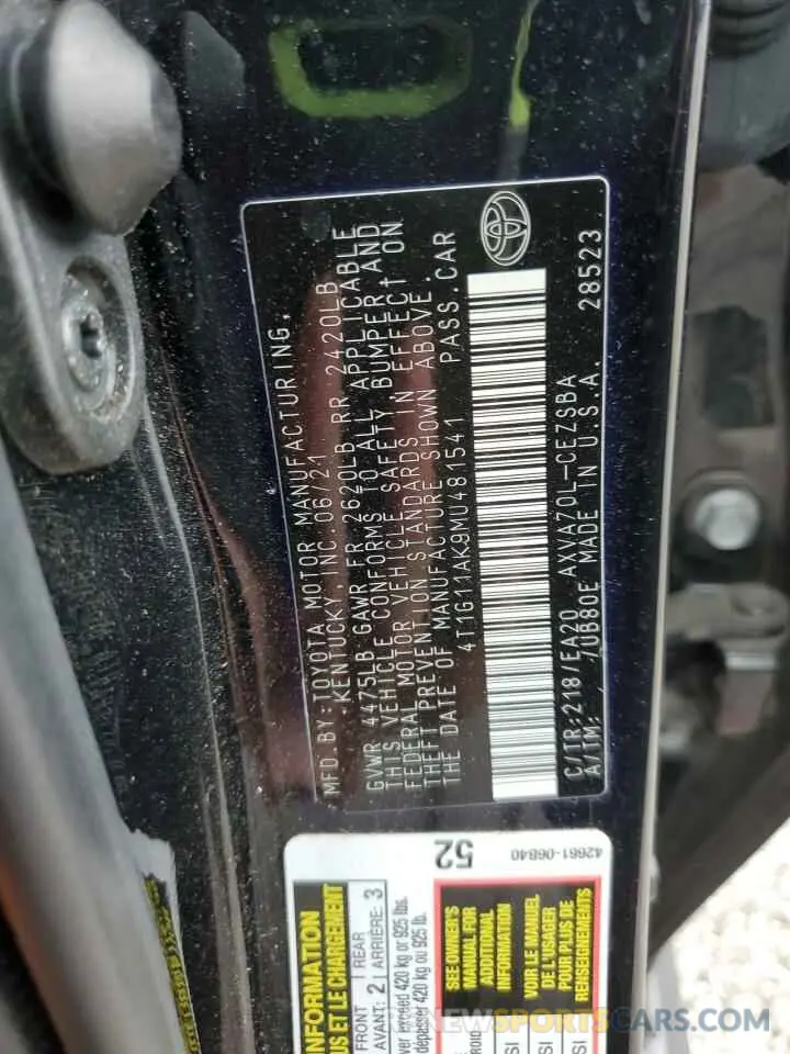 12 Photograph of a damaged car 4T1G11AK9MU481541 TOYOTA CAMRY 2021