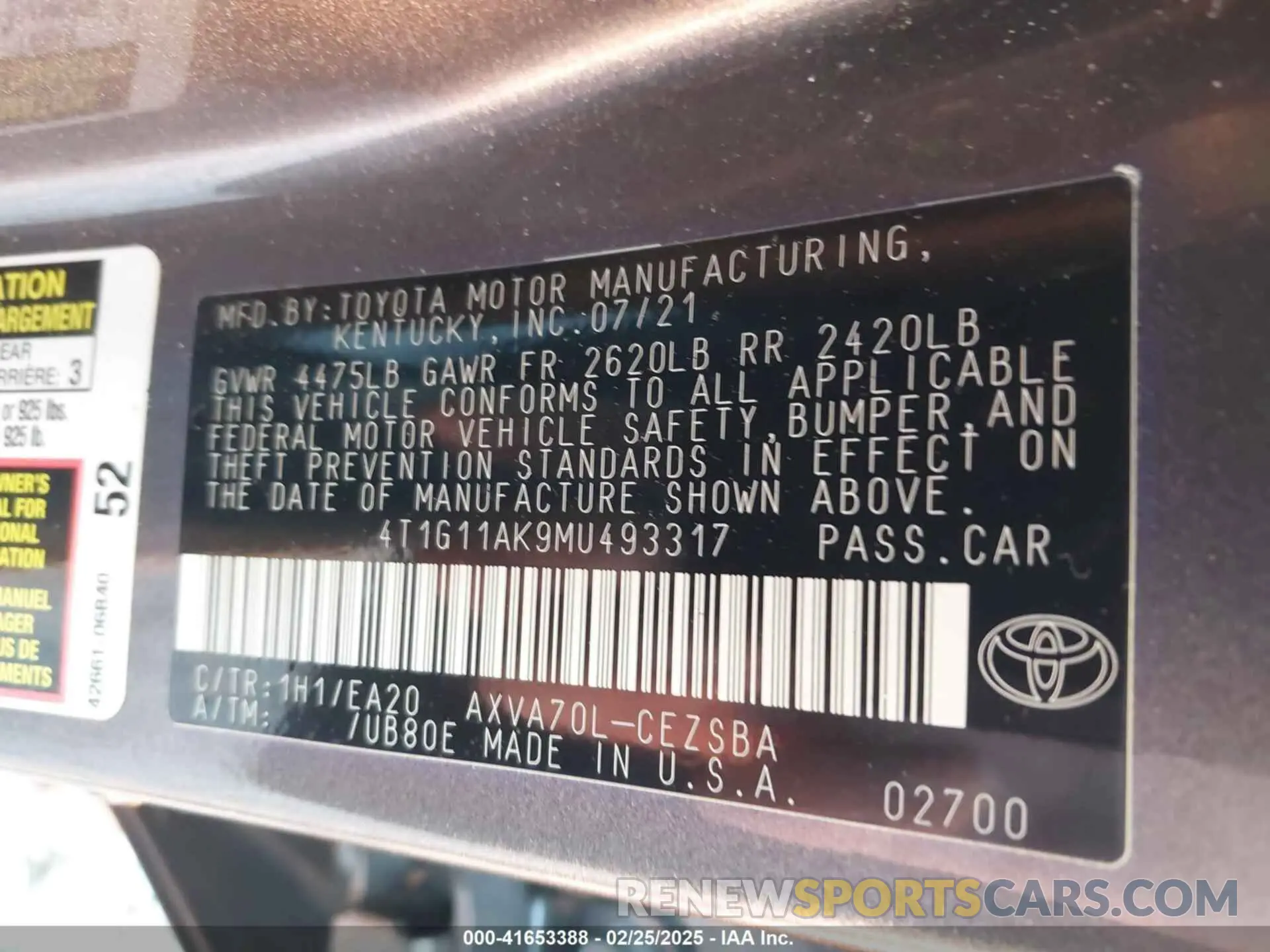9 Photograph of a damaged car 4T1G11AK9MU493317 TOYOTA CAMRY 2021