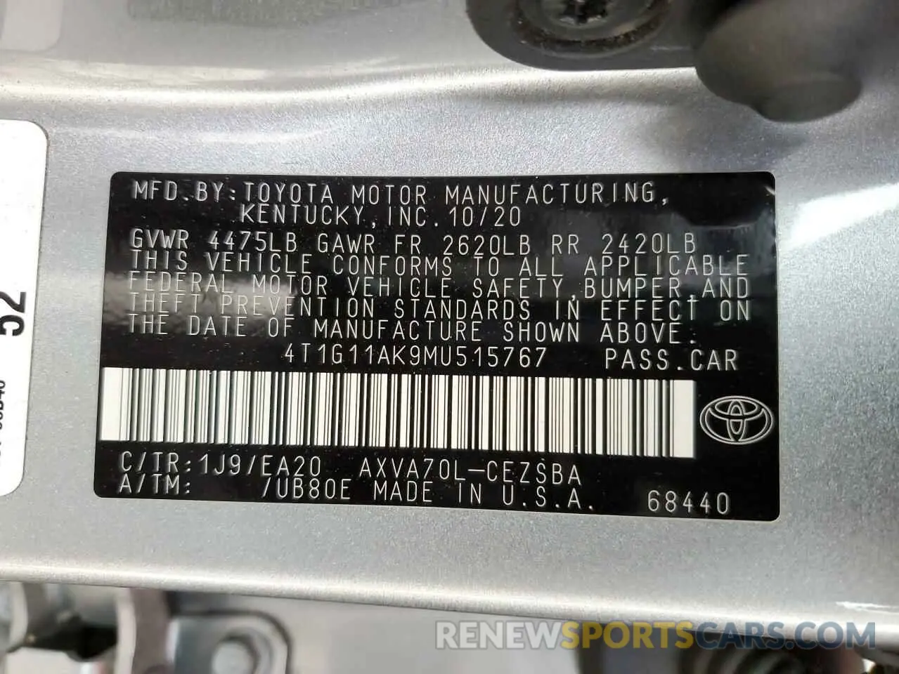 13 Photograph of a damaged car 4T1G11AK9MU515767 TOYOTA CAMRY 2021