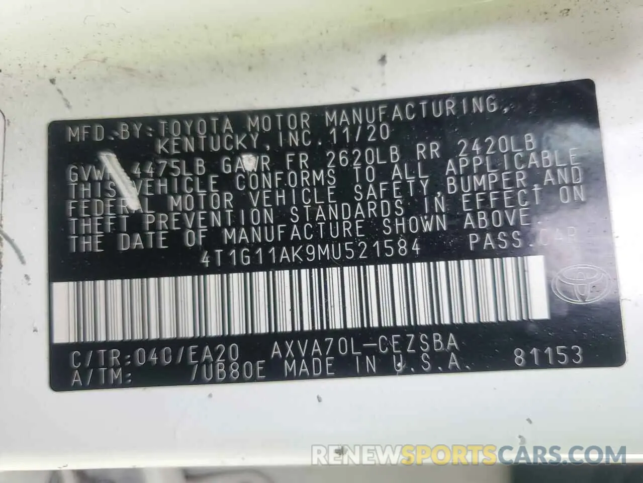 13 Photograph of a damaged car 4T1G11AK9MU521584 TOYOTA CAMRY 2021