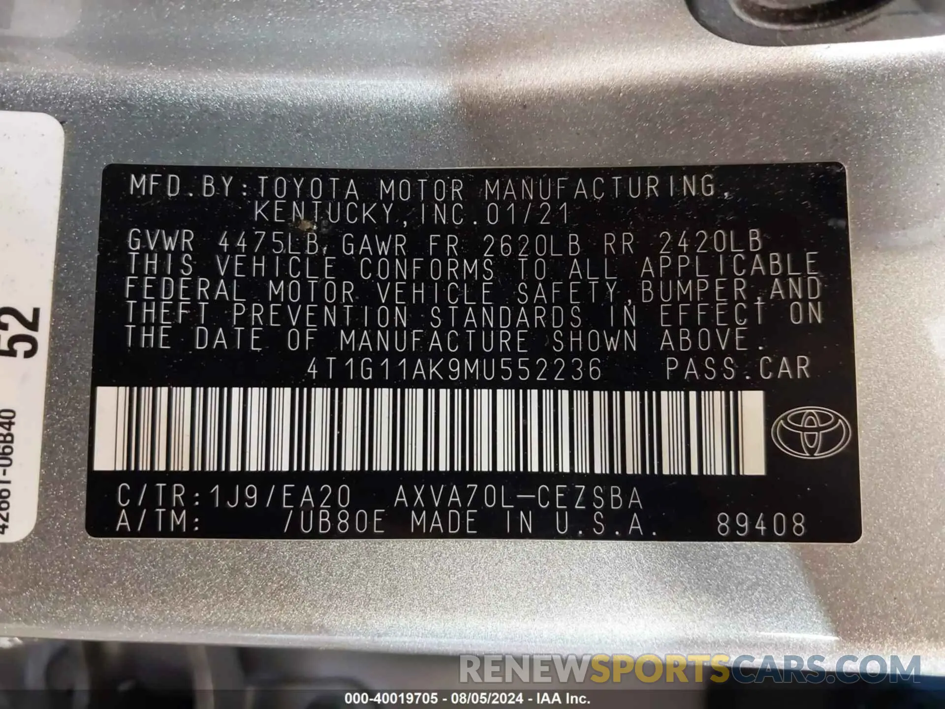9 Photograph of a damaged car 4T1G11AK9MU552236 TOYOTA CAMRY 2021