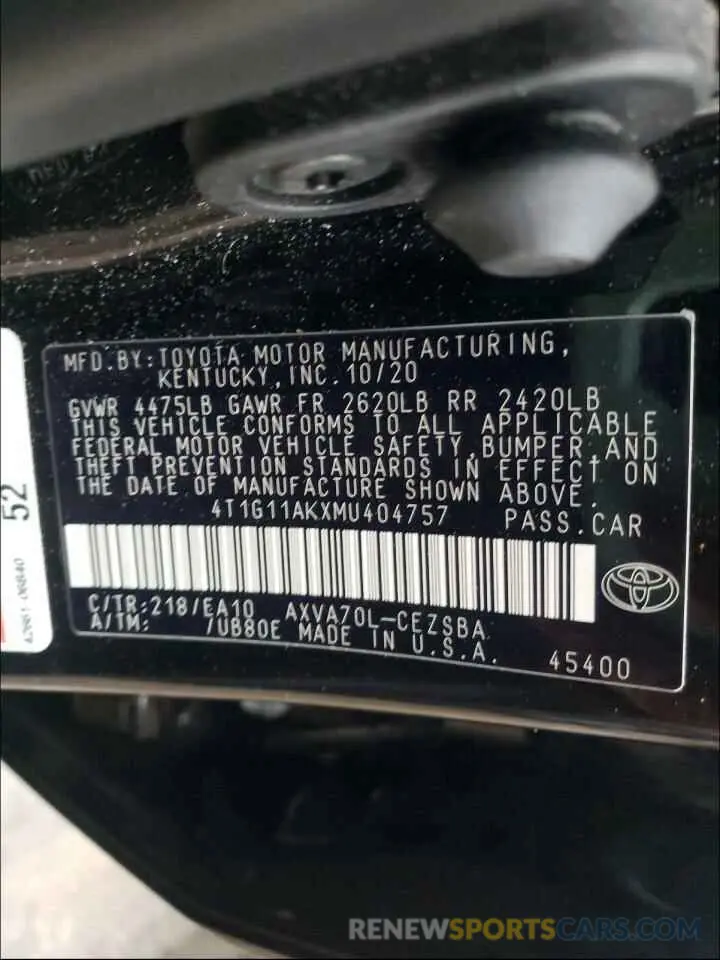 10 Photograph of a damaged car 4T1G11AKXMU404757 TOYOTA CAMRY 2021