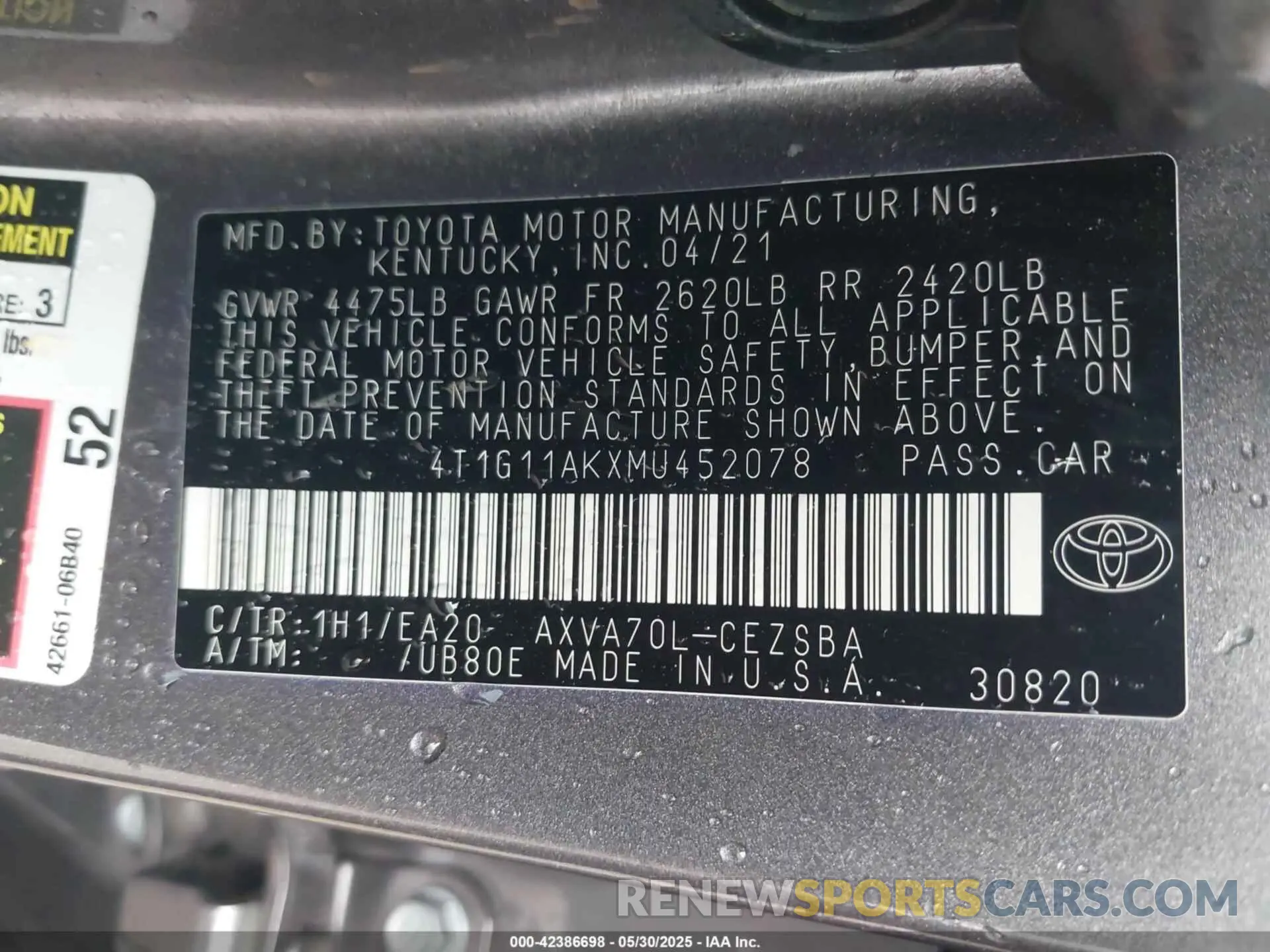 9 Photograph of a damaged car 4T1G11AKXMU452078 TOYOTA CAMRY 2021