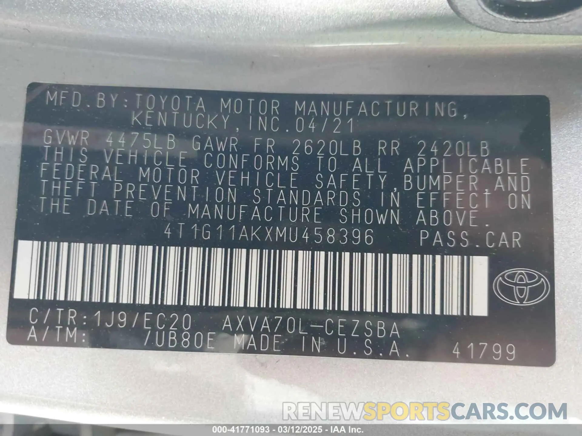9 Photograph of a damaged car 4T1G11AKXMU458396 TOYOTA CAMRY 2021