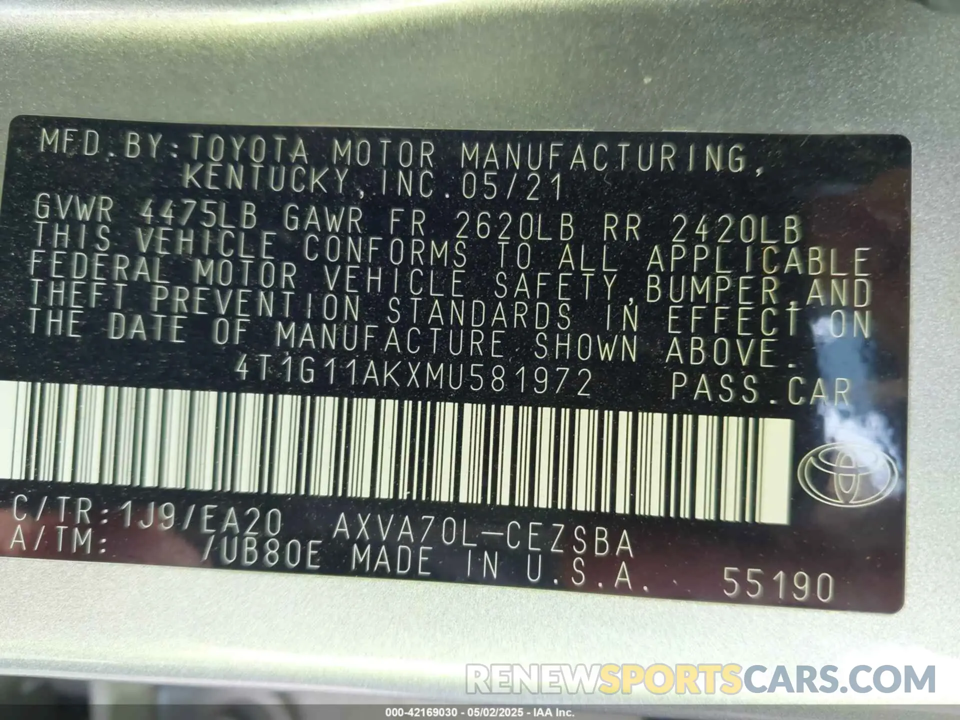 9 Photograph of a damaged car 4T1G11AKXMU581972 TOYOTA CAMRY 2021