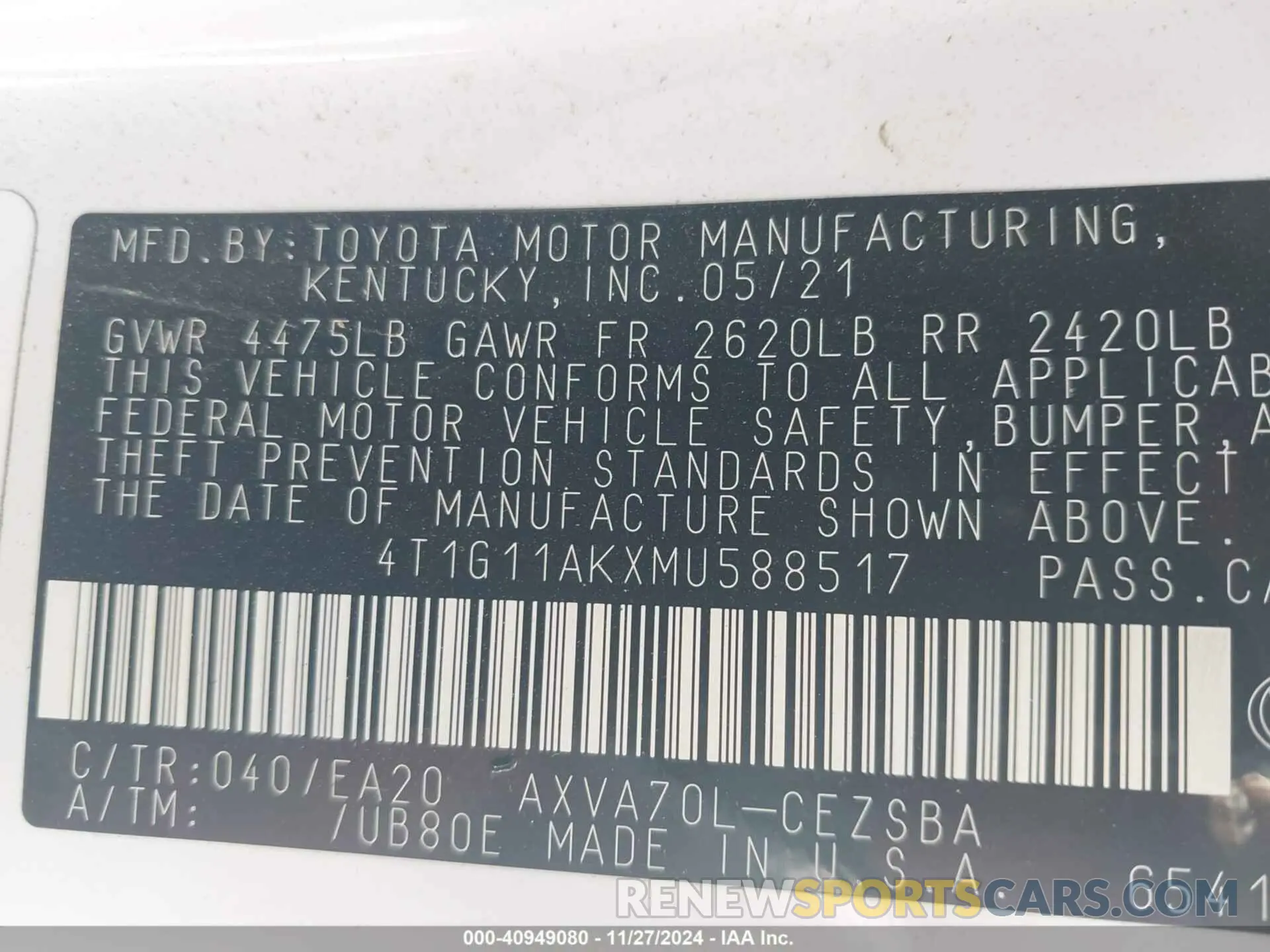 9 Photograph of a damaged car 4T1G11AKXMU588517 TOYOTA CAMRY 2021