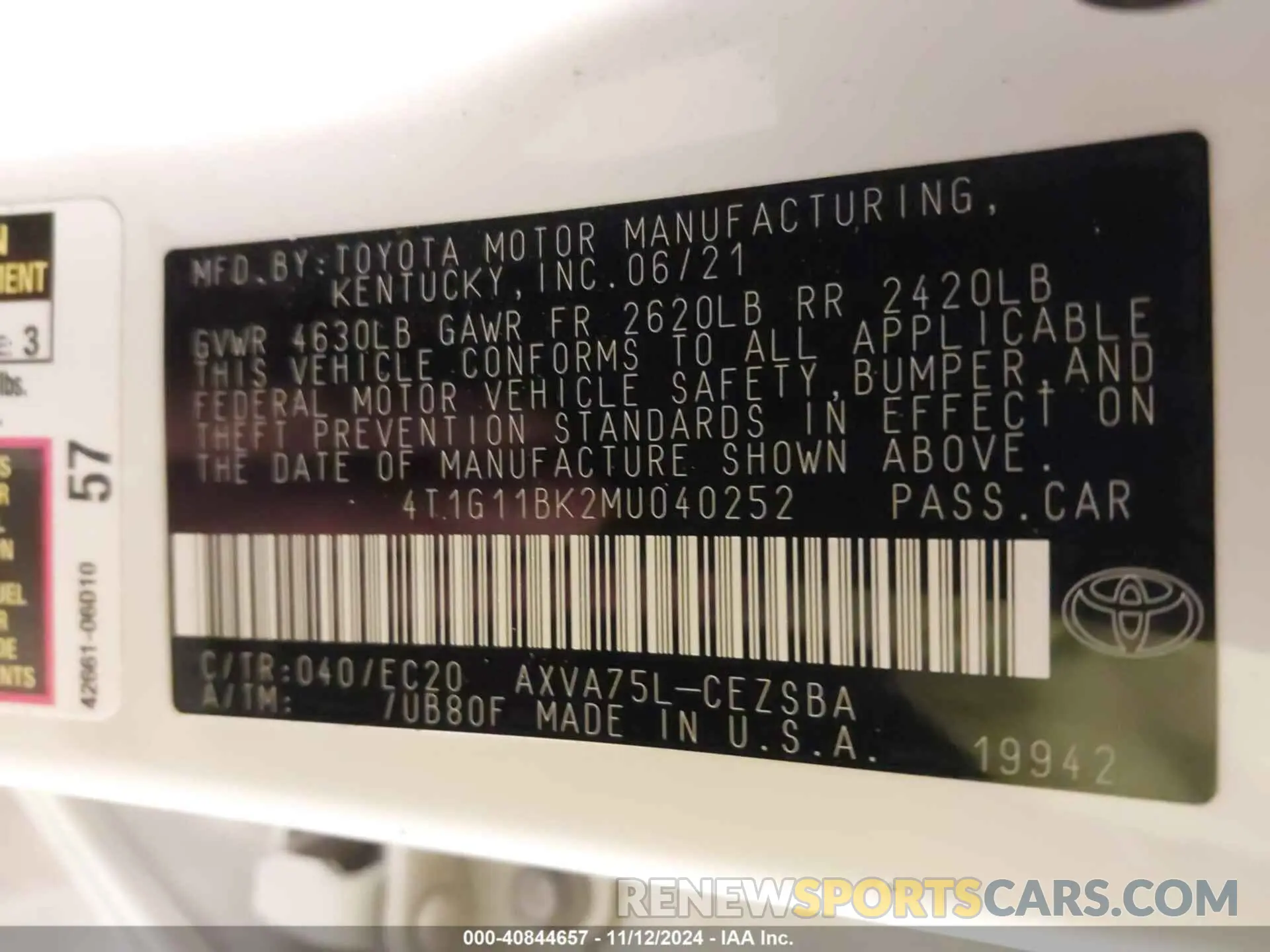 9 Photograph of a damaged car 4T1G11BK2MU040252 TOYOTA CAMRY 2021