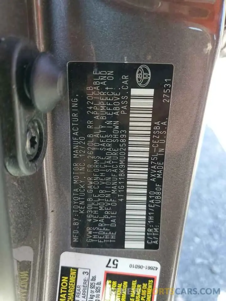12 Photograph of a damaged car 4T1G11BK9MU025893 TOYOTA CAMRY 2021