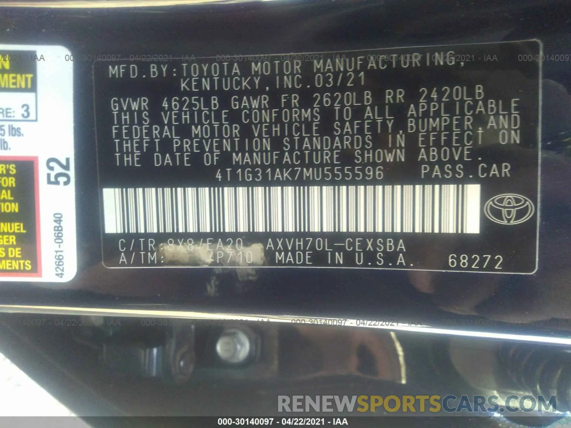 9 Photograph of a damaged car 4T1G31AK7MU555596 TOYOTA CAMRY 2021