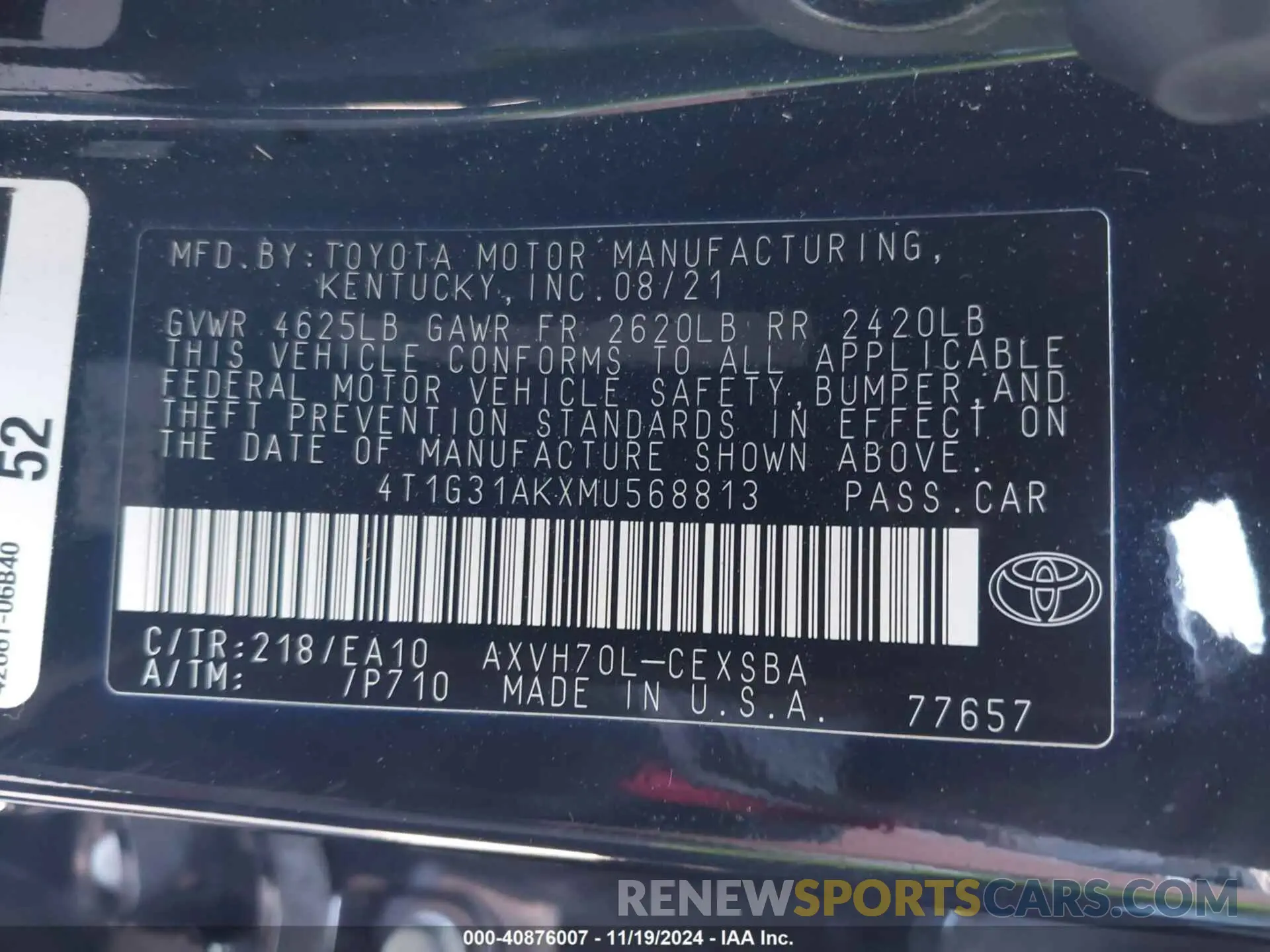 9 Photograph of a damaged car 4T1G31AKXMU568813 TOYOTA CAMRY 2021