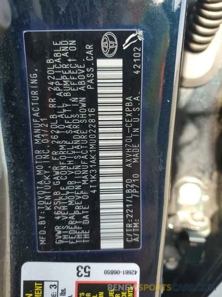 13 Photograph of a damaged car 4T1K31AK1MU022816 TOYOTA CAMRY 2021