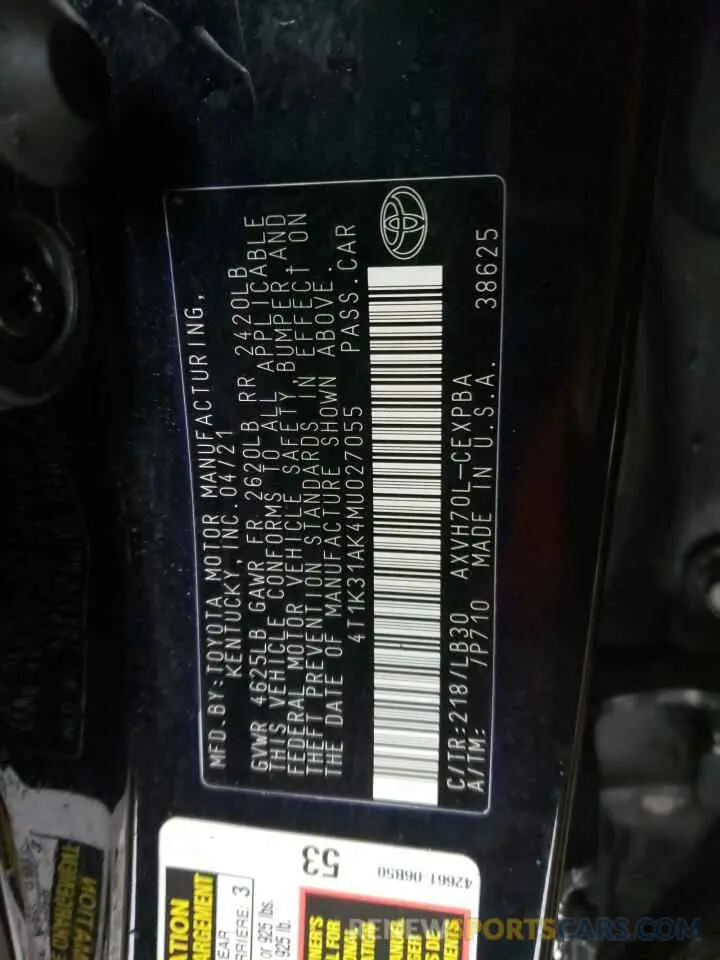12 Photograph of a damaged car 4T1K31AK4MU027055 TOYOTA CAMRY 2021