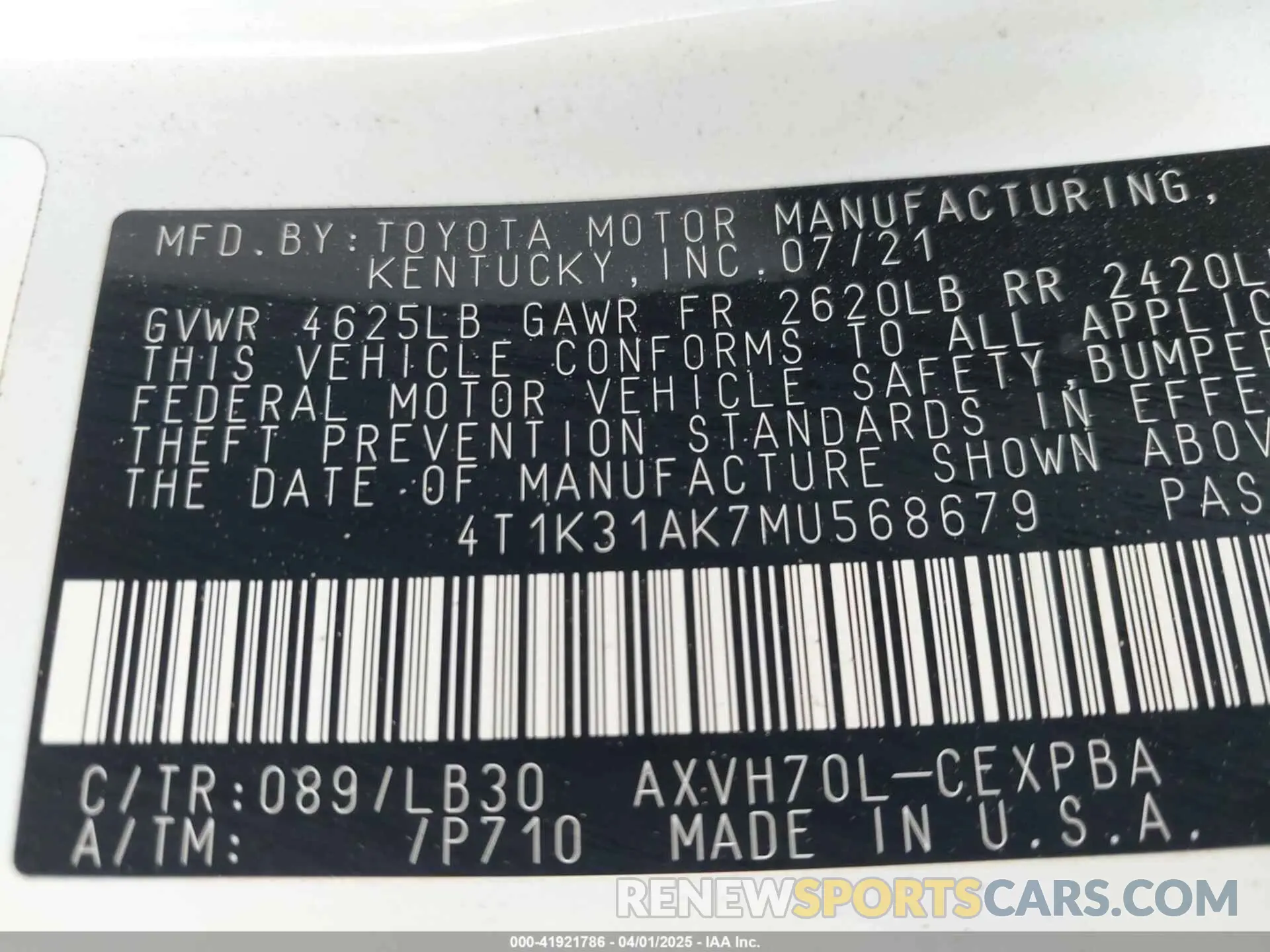 9 Photograph of a damaged car 4T1K31AK7MU568679 TOYOTA CAMRY 2021