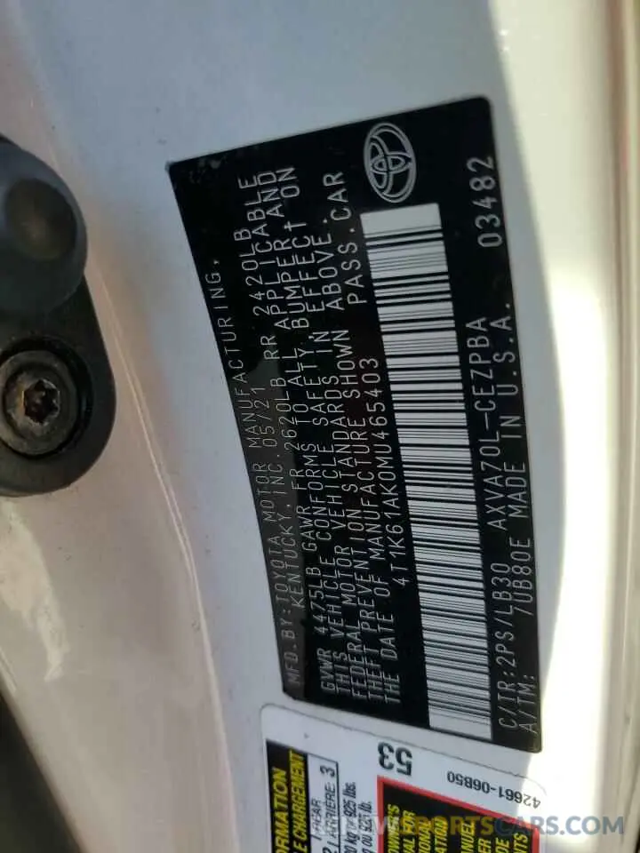 12 Photograph of a damaged car 4T1K61AK0MU465403 TOYOTA CAMRY 2021