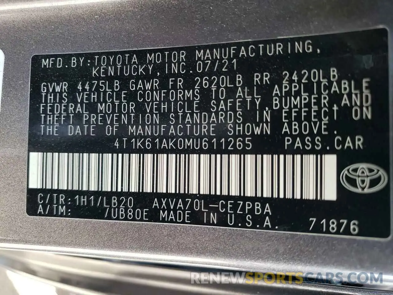 13 Photograph of a damaged car 4T1K61AK0MU611265 TOYOTA CAMRY 2021