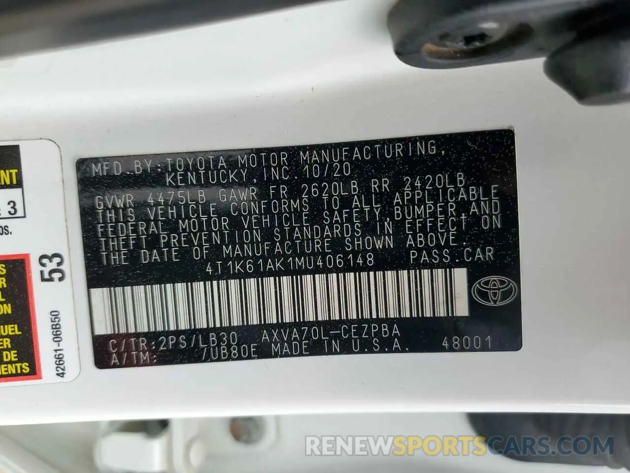 13 Photograph of a damaged car 4T1K61AK1MU406148 TOYOTA CAMRY 2021