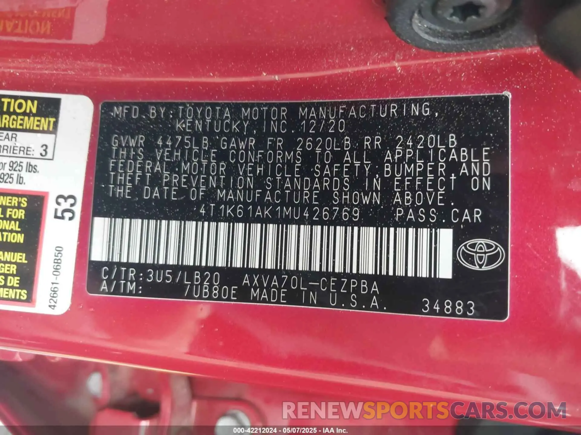 9 Photograph of a damaged car 4T1K61AK1MU426769 TOYOTA CAMRY 2021