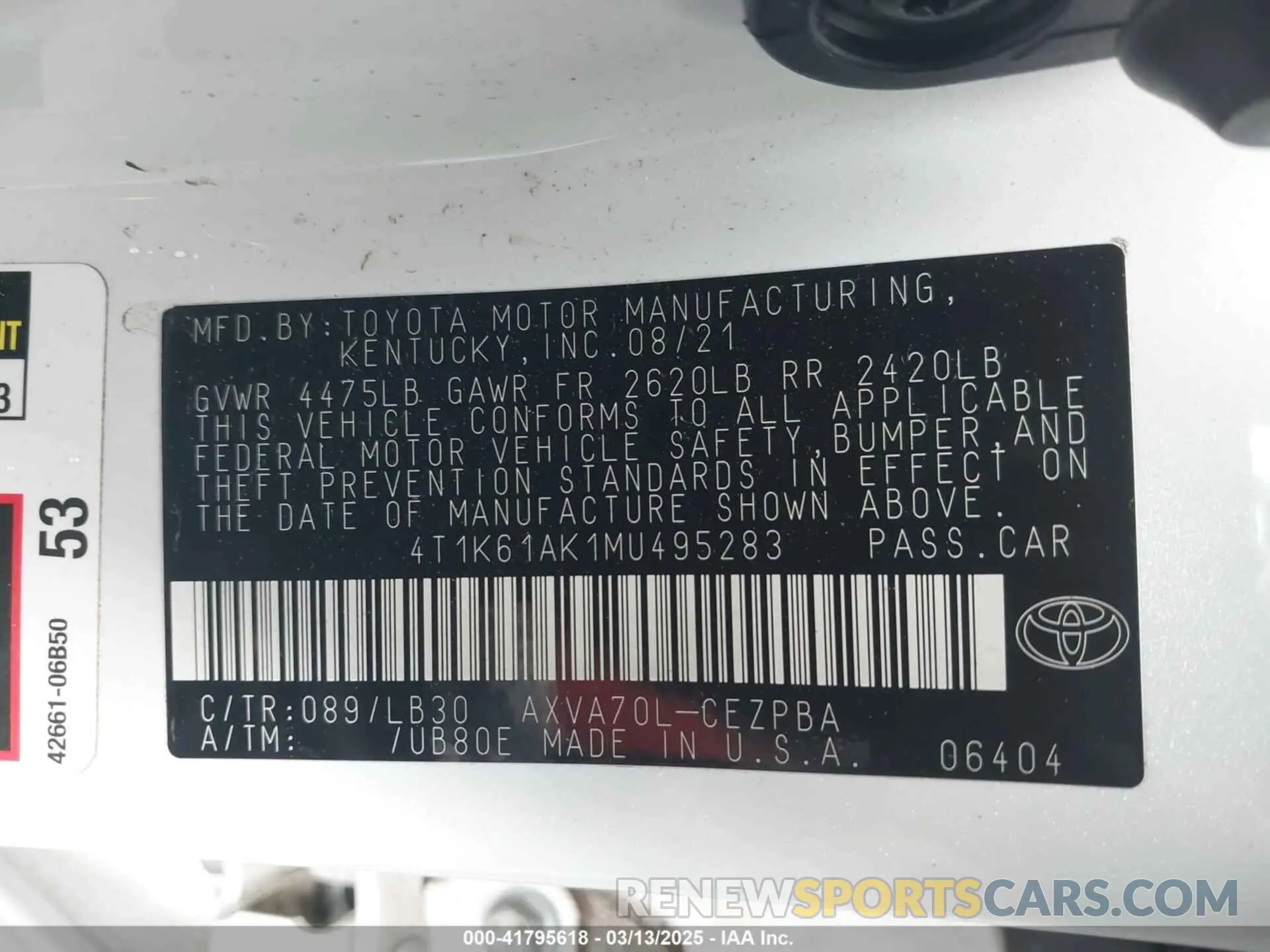 9 Photograph of a damaged car 4T1K61AK1MU495283 TOYOTA CAMRY 2021