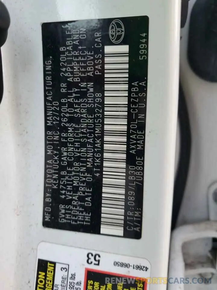 12 Photograph of a damaged car 4T1K61AK1MU532798 TOYOTA CAMRY 2021