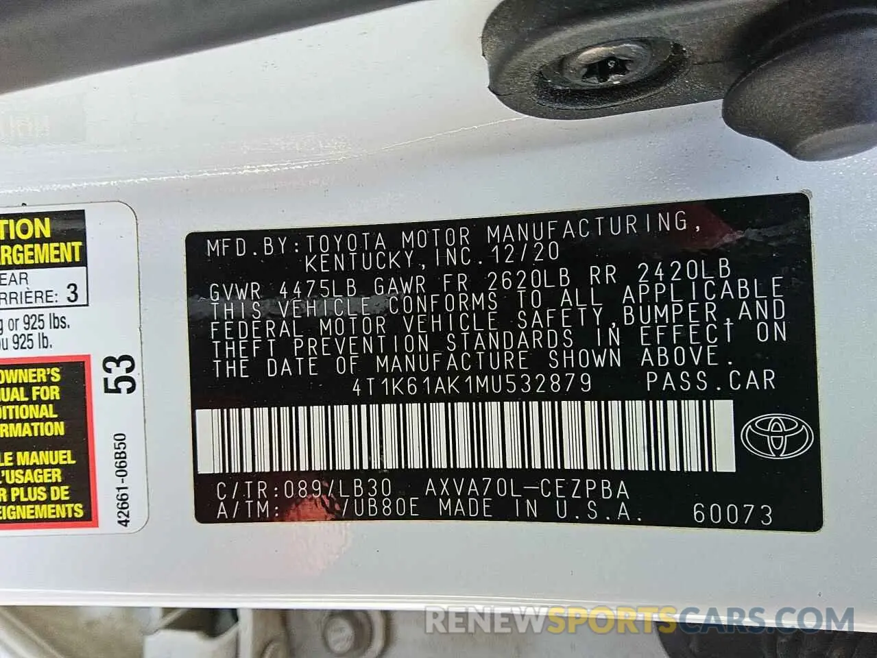 12 Photograph of a damaged car 4T1K61AK1MU532879 TOYOTA CAMRY 2021